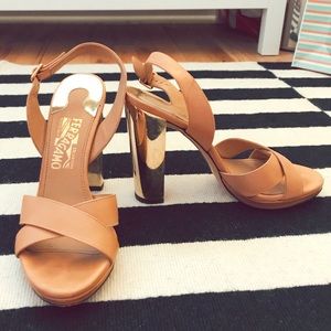 VINTAGE Ferragamo Gold Platform Heels