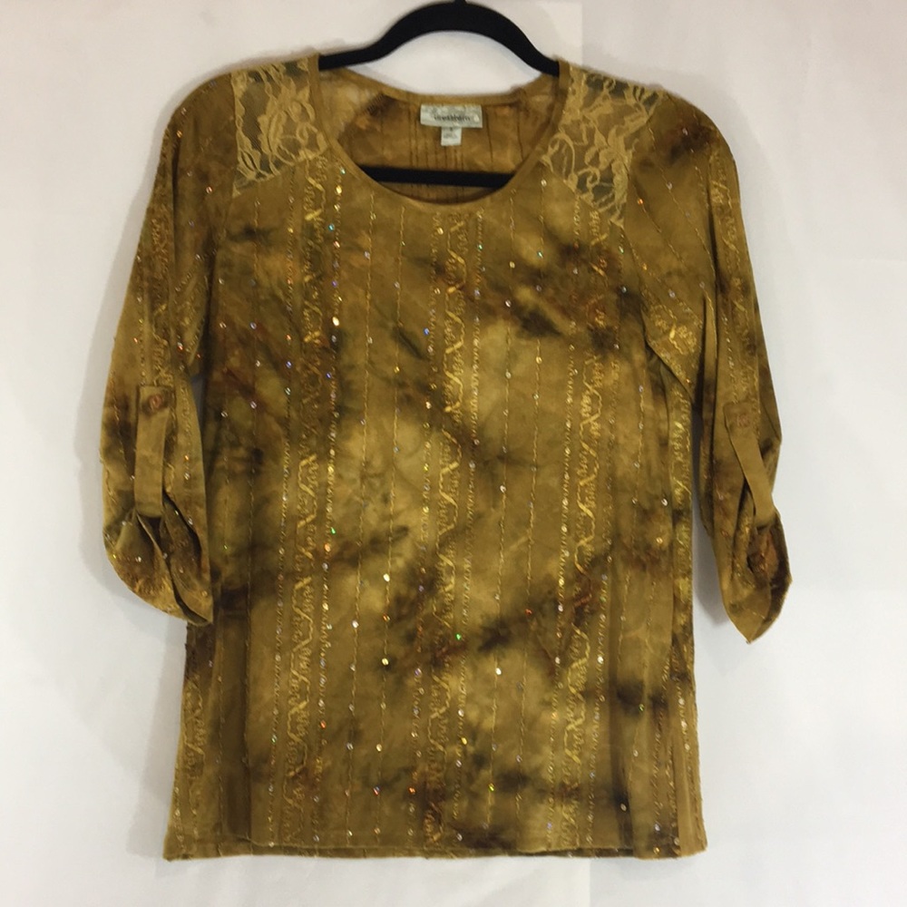 Dressbarn gold sequin tabbed 3/4 sleeve top small