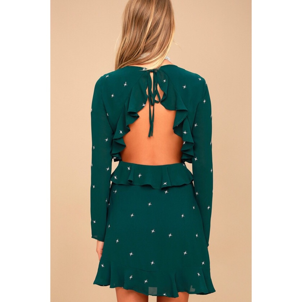 Forest Green Embroidered Backless Ruffle Dress - Picture 4 of 5