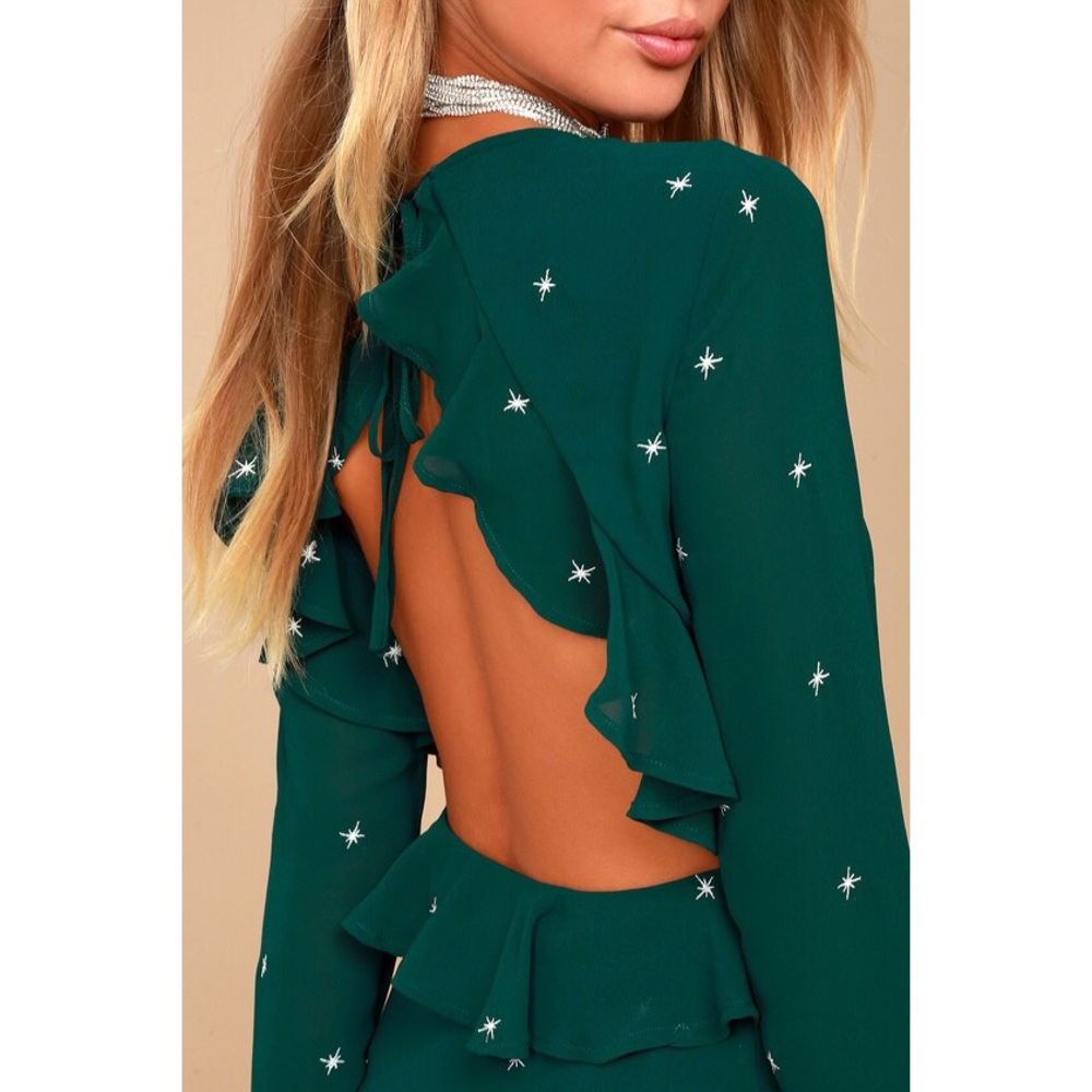 Forest Green Embroidered Backless Ruffle Dress - Picture 5 of 5