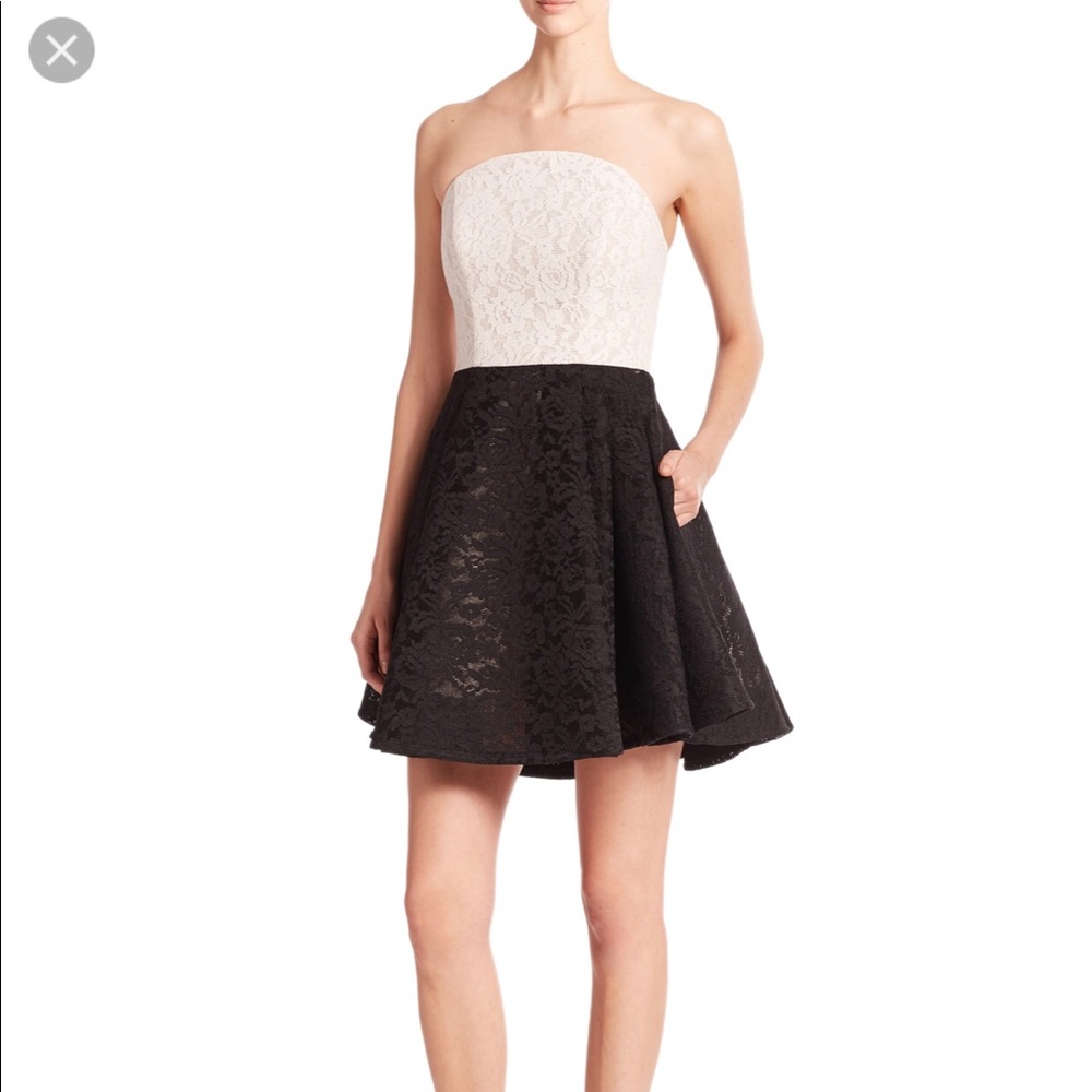 ABS black blocked techno-lace strapless dress.