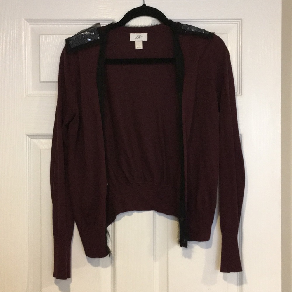 Loft Maroon Cardigan with Sequin Shoulder Detail