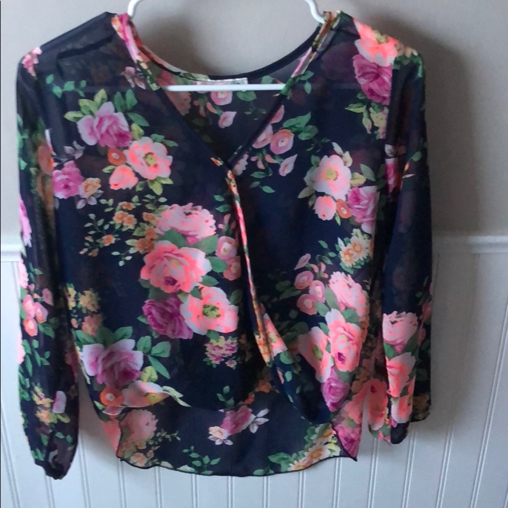 Navy floral sheer chiffon top