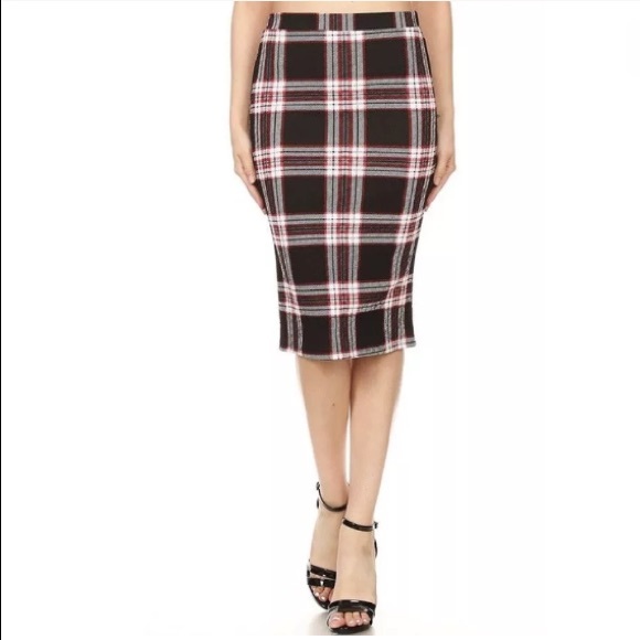❤️ Black Red Plaid Holiday High Waist Midi Skirt - Picture 3 of 5