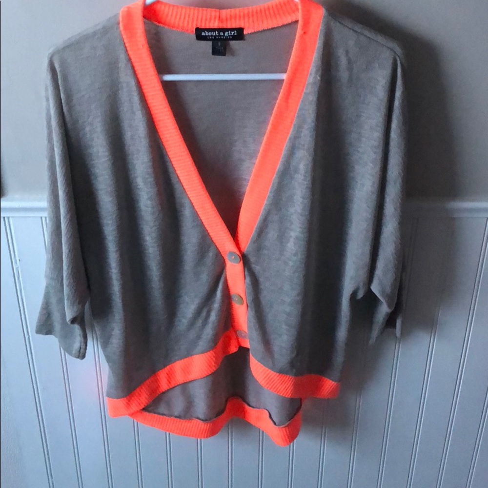 Gray and neon orange trim sweater