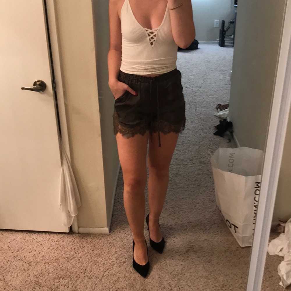 Olive high waisted silk shorts