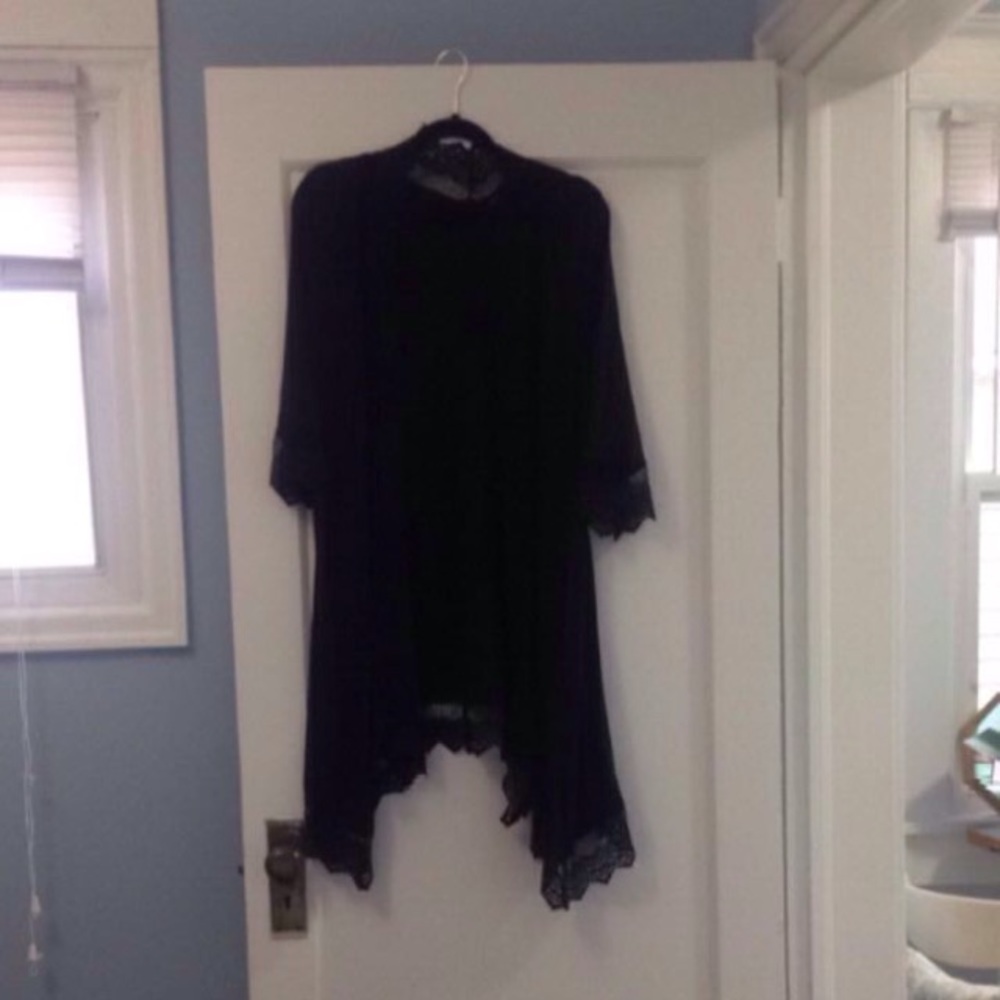 Haute Monde. Extra Long Black Cardigan, Lace Edge