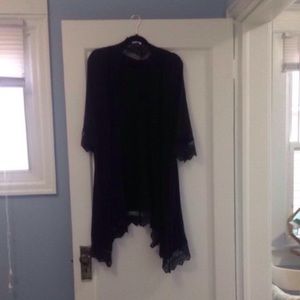 Haute Monde. Extra Long Black Cardigan, Lace Edge