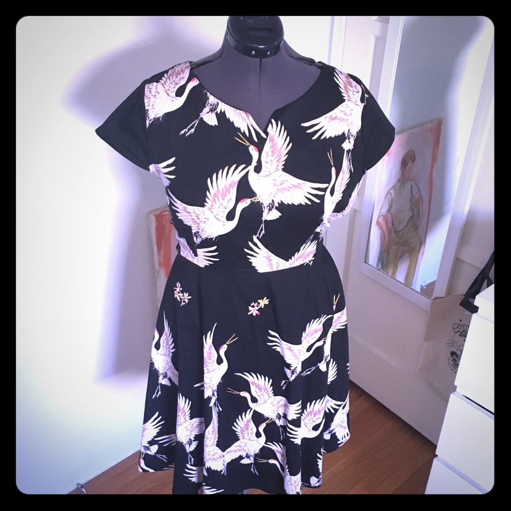 Cotton Midi Dress w/ bird print, plus size retro