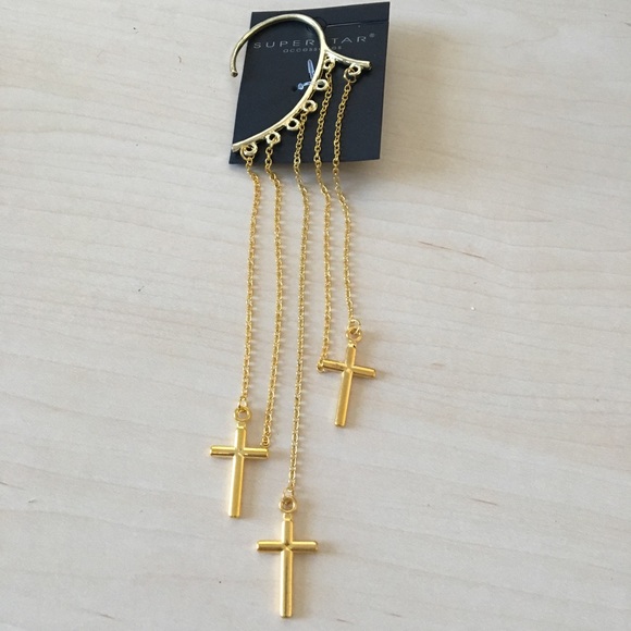 Jewelry - Gold Behind the Ear Cuff Earring w/ Cross Chains