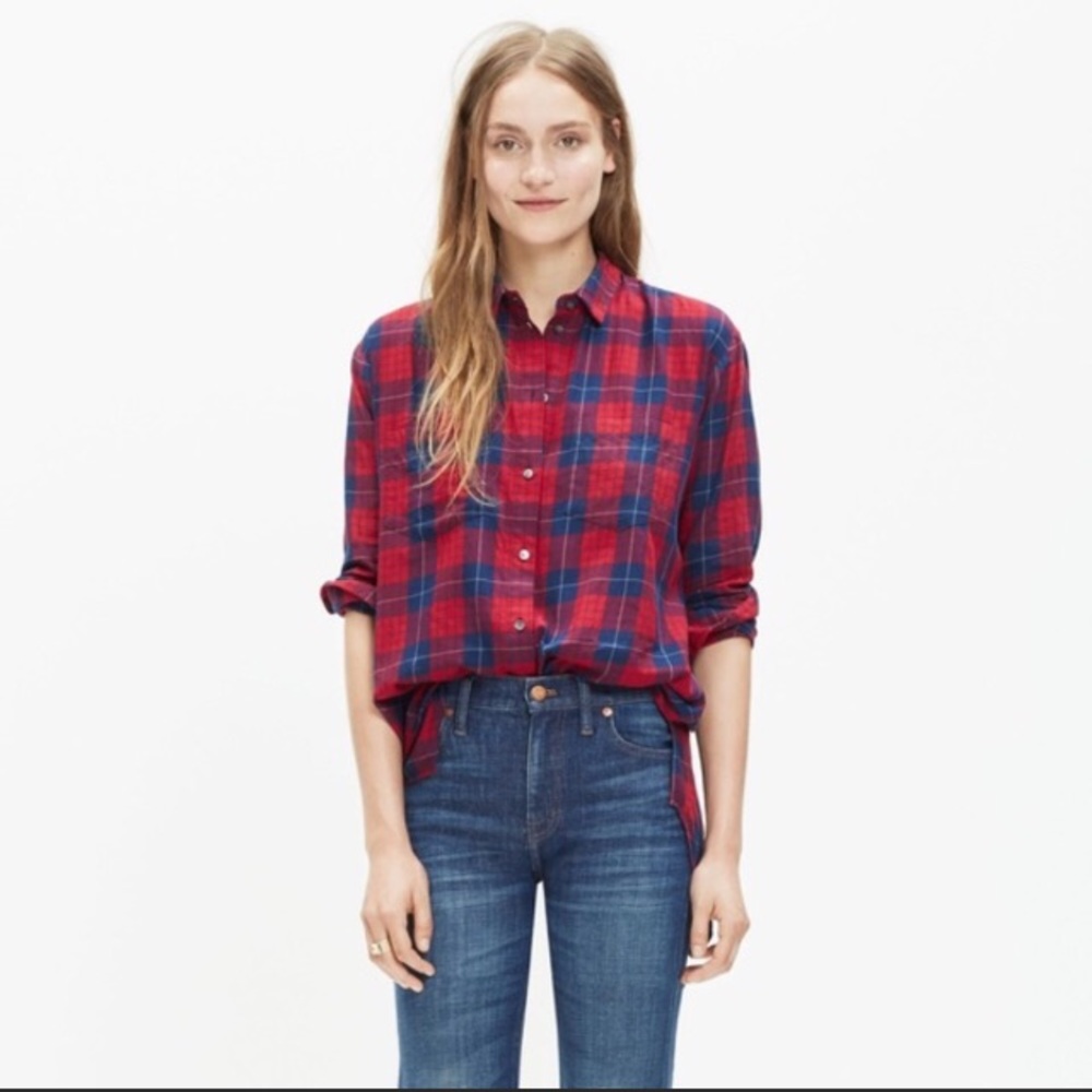 Madewell red and blue plaid button down shirt
