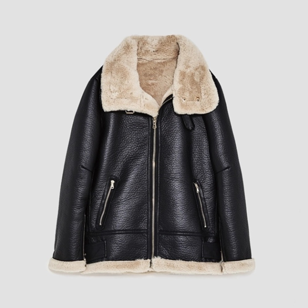 Zara Woman Faux Leather Aviator Jacket Black