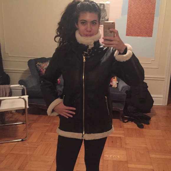 Zara Woman Faux Leather Aviator Jacket Black - Picture 5 of 8