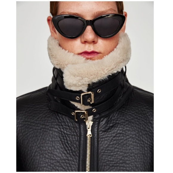 Zara Woman Faux Leather Aviator Jacket Black - Picture 7 of 8