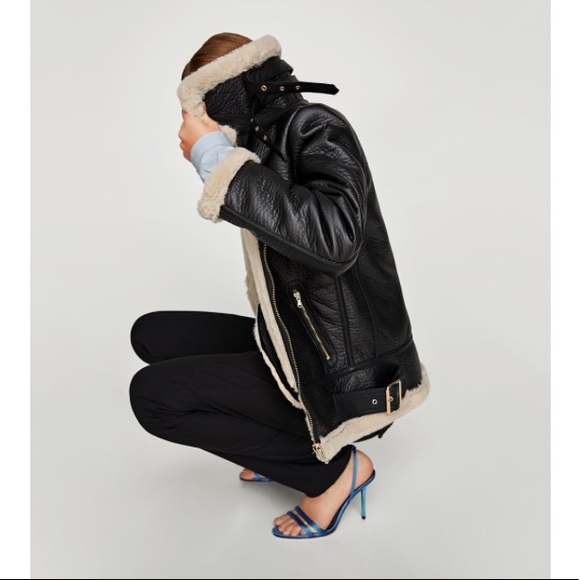 Zara Woman Faux Leather Aviator Jacket Black - Picture 8 of 8