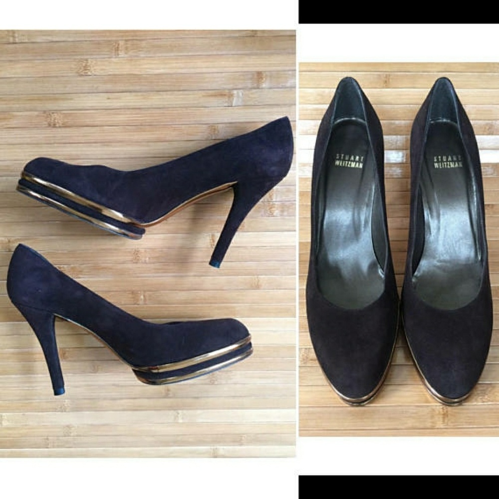 Stuart Weitzman suede leather and gold pumps 7.5