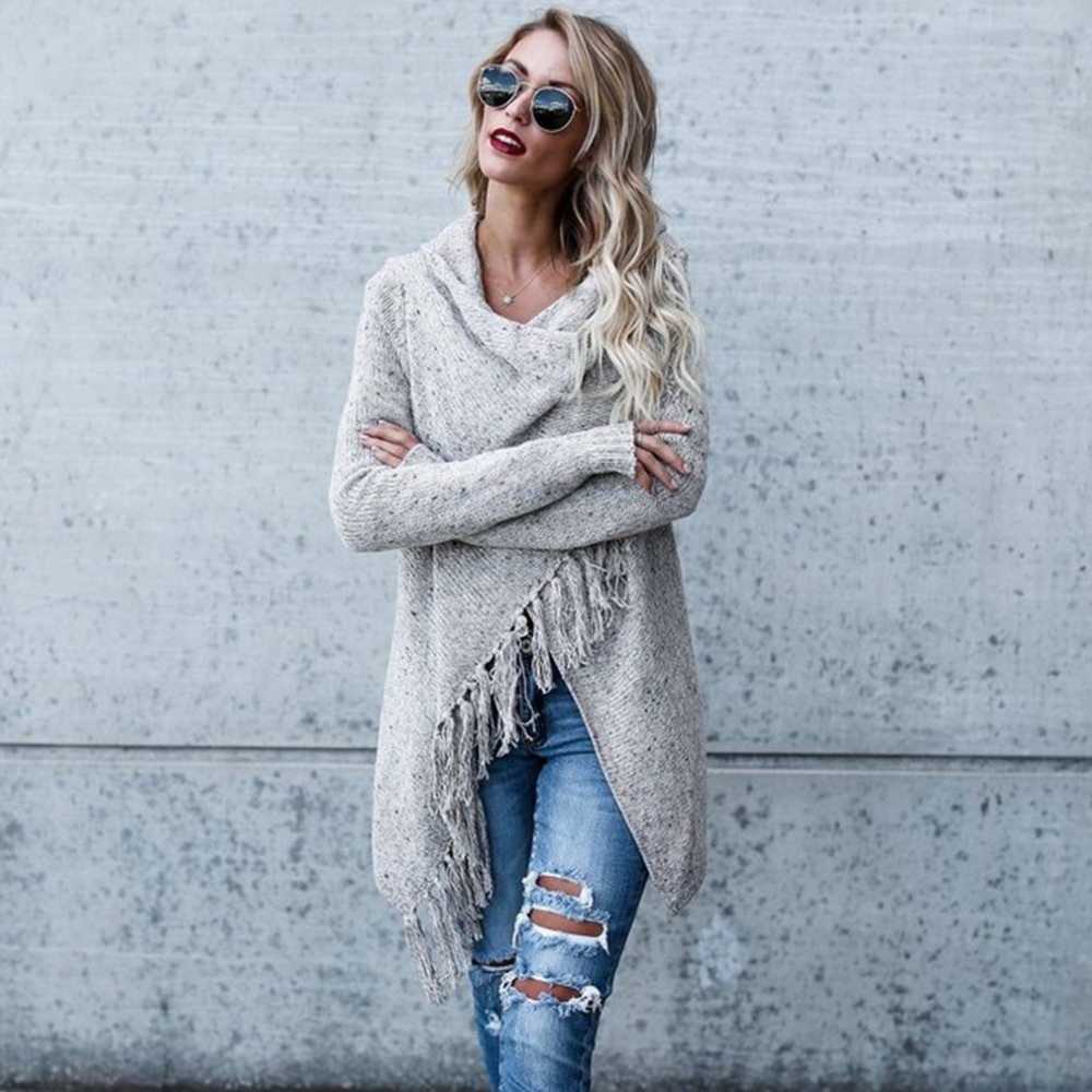 Fringe Trim Wrap Style Marled Cardigan Sweater - Picture 5 of 7