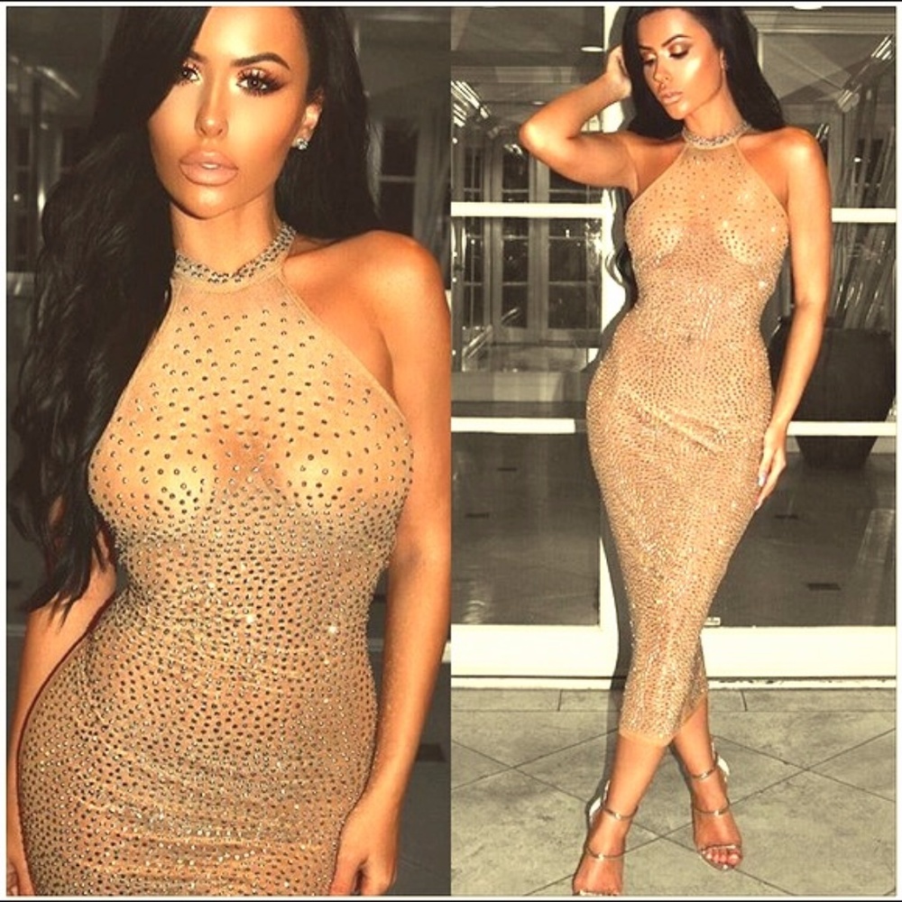 Gorgeous Sheer Nude Crystal Dress - Large