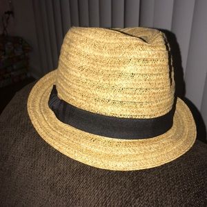 Straw fedora with black ribbon trim