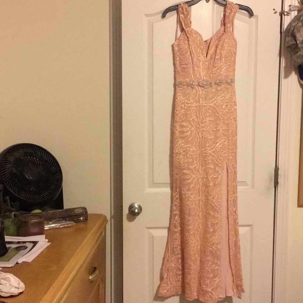 Off the shoulder, blush prom dress