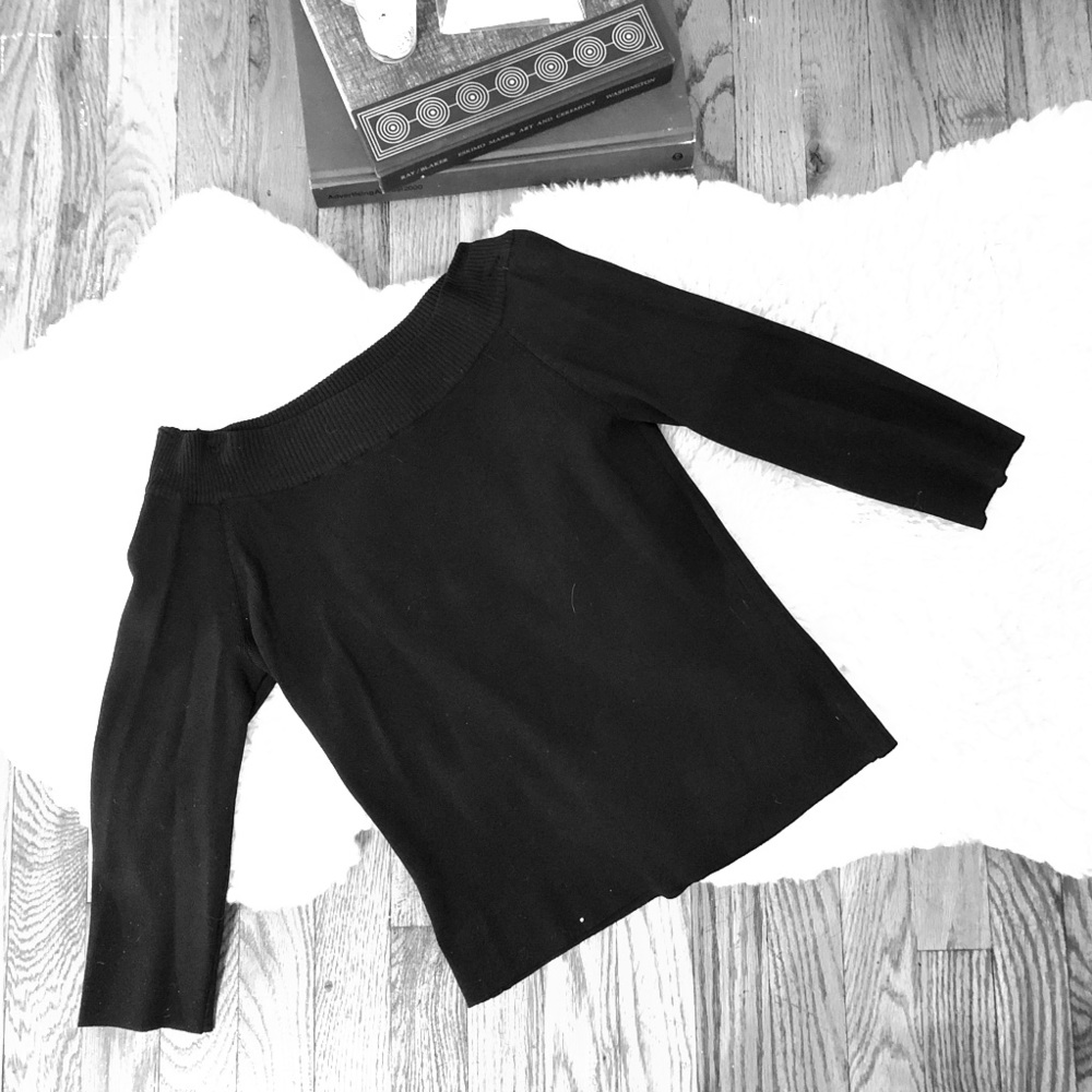 Vintage 90s Stretchy Black Off The Shoulder 3/4 Three Quarter Crop Sleeve Top - Picture 13 of 16