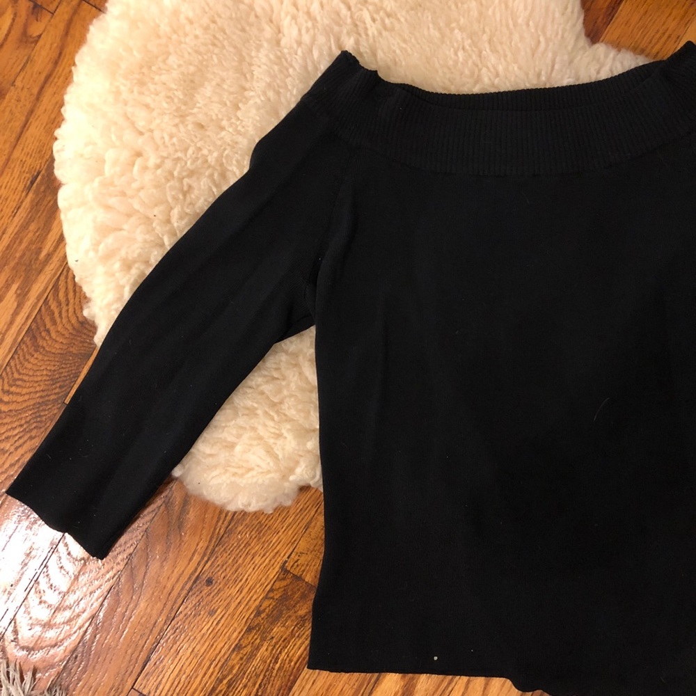 Vintage 90s Stretchy Black Off The Shoulder 3/4 Three Quarter Crop Sleeve Top - Picture 14 of 16
