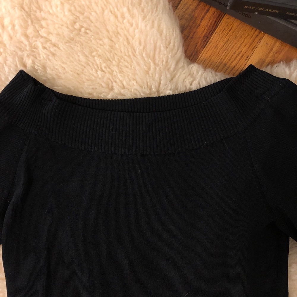 Vintage 90s Stretchy Black Off The Shoulder 3/4 Three Quarter Crop Sleeve Top - Picture 16 of 16