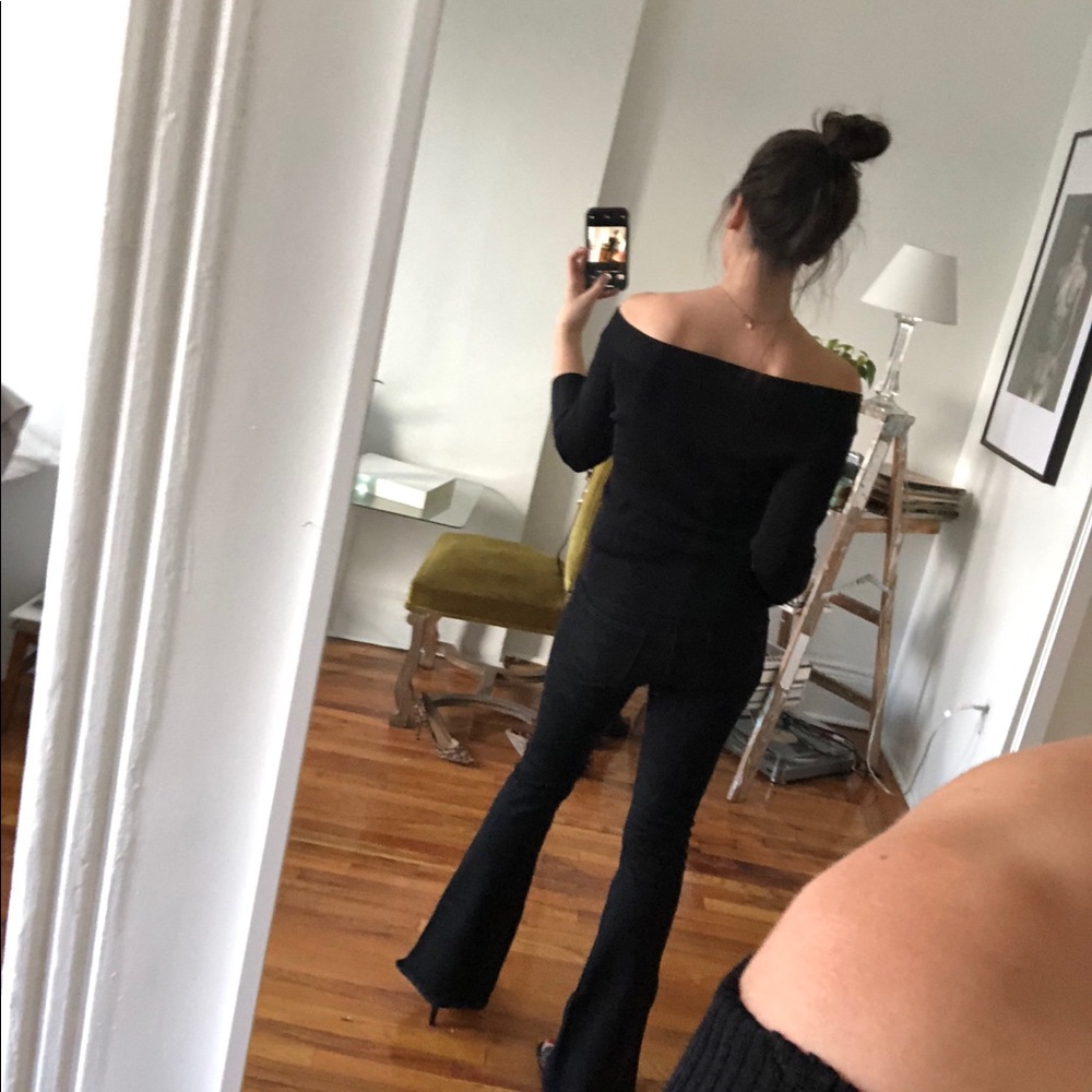 Vintage 90s Stretchy Black Off The Shoulder 3/4 Three Quarter Crop Sleeve Top - Picture 7 of 16