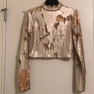 Gold sequin long sleeve turtleneck crop top