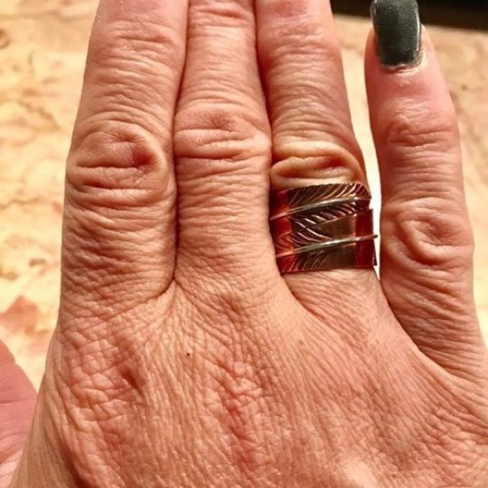 SasSpurilla Copper & sterling feather bypass ring