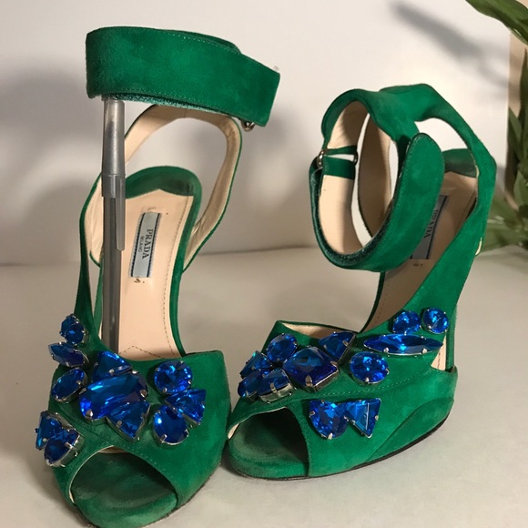 PRADA Green Suede Jeweled Platform Sandal w/Strap - Picture 2 of 8