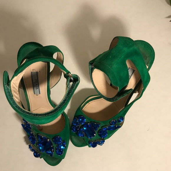 PRADA Green Suede Jeweled Platform Sandal w/Strap - Picture 3 of 8