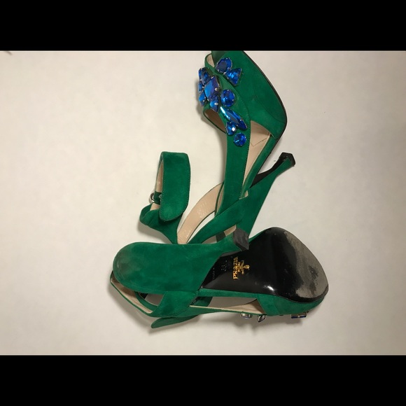 PRADA Green Suede Jeweled Platform Sandal w/Strap - Picture 7 of 8