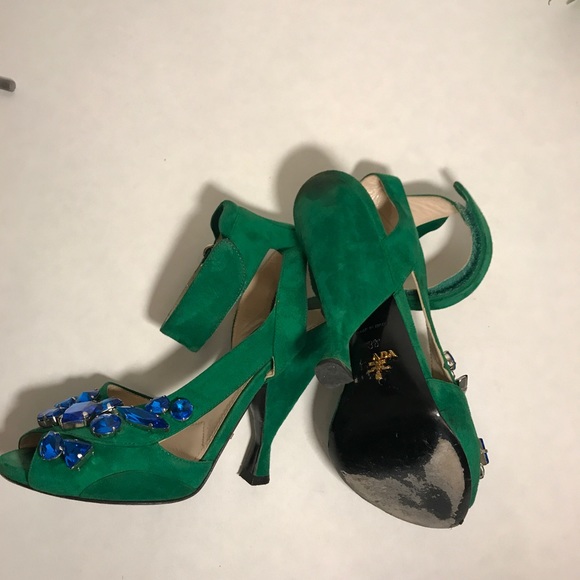 PRADA Green Suede Jeweled Platform Sandal w/Strap - Picture 8 of 8