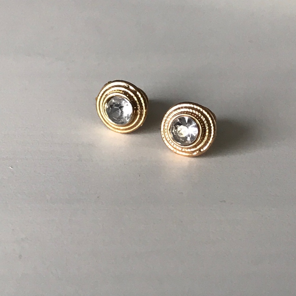 Halo White Sapphire + Gold Stud Earrings - Picture 2 of 3