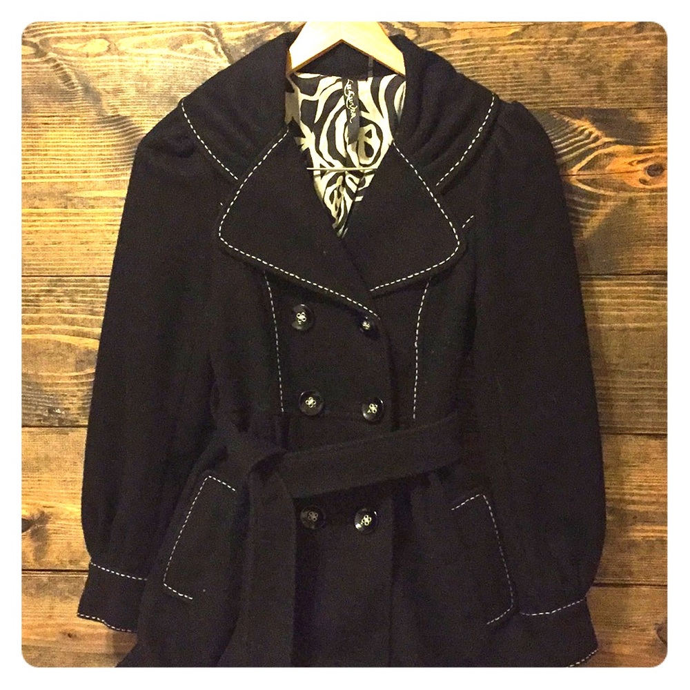 Black pea coat with white stitch detailing 