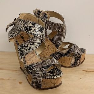 Platform cork snakeskin heels