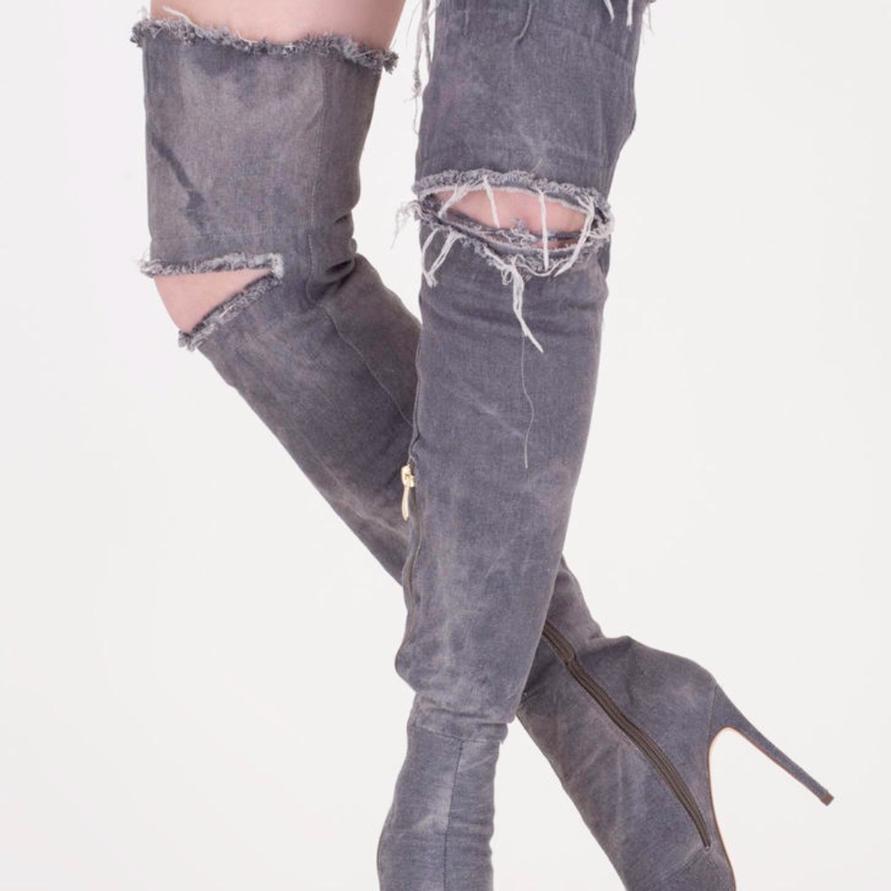 Gray Denim Distressed Boots