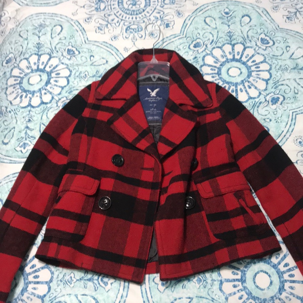AEO Plaid Checkered Red and Black Peacoat
