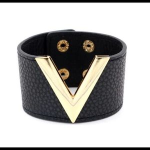 Black leather cuff bracelet with gold V
