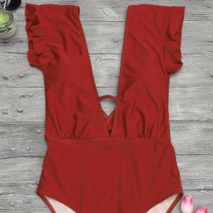 Red One Piece plunging neckline & open back nwot