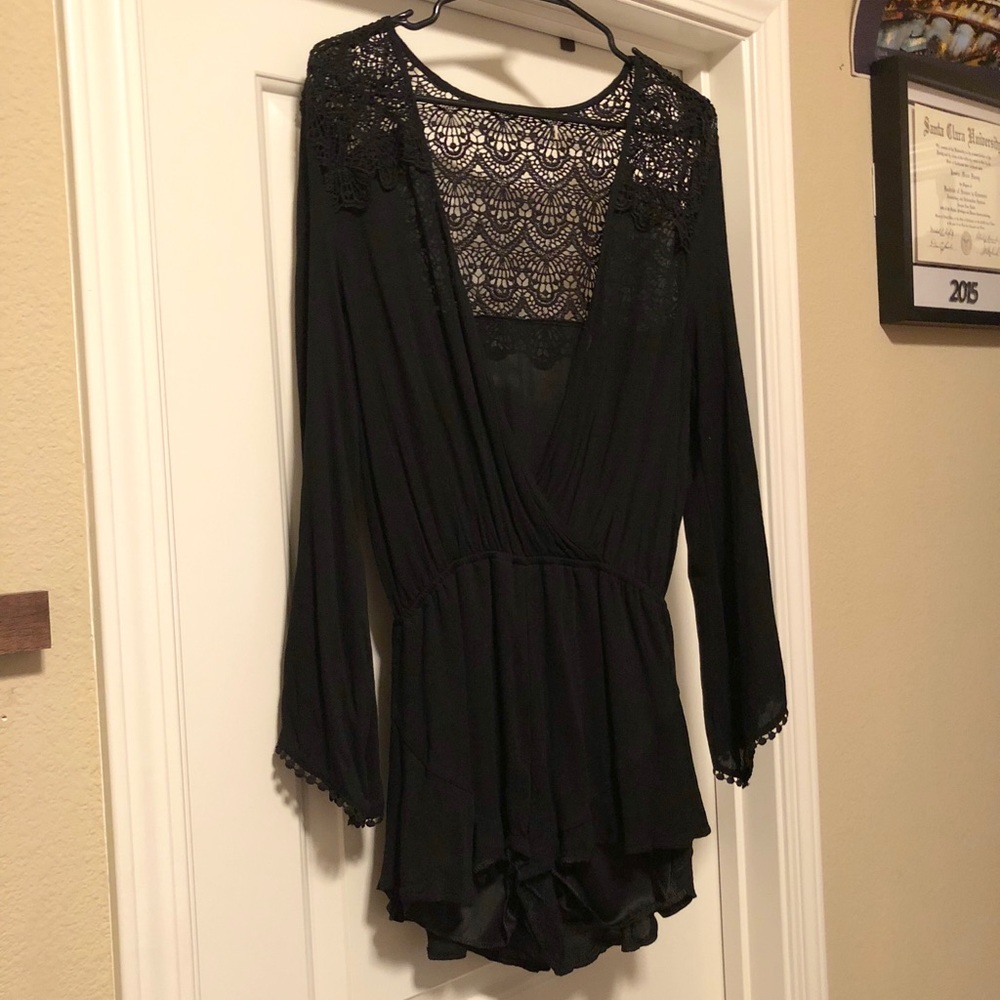 Black Crochet Wrap Front Romper