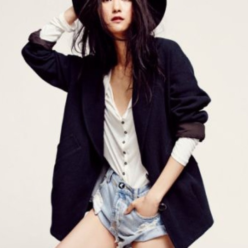 Free People Navy Blue Slouchy Boyfriend Blazer szS