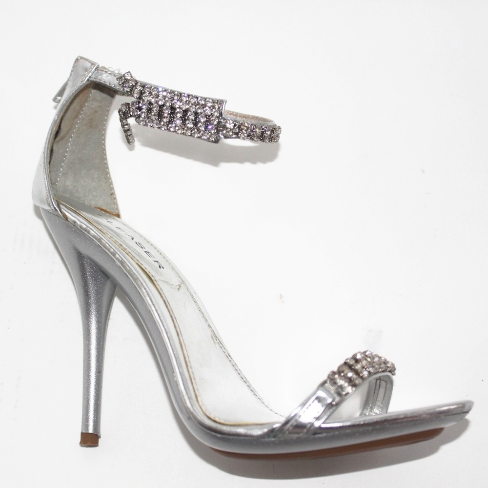Silver Rhinestone Ankle Strap High Heels