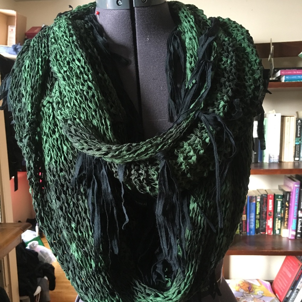 Emerald green fringed infinity scarf