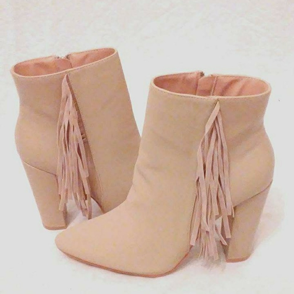 Nude Fringe Pointy Toe Chunky Heel Booties