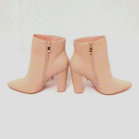 Nude Fringe Pointy Toe Chunky Heel Booties - Picture 2 of 5