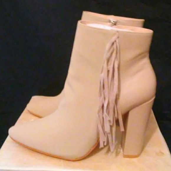 Nude Fringe Pointy Toe Chunky Heel Booties - Picture 3 of 5