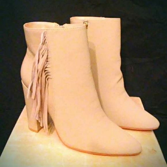 Nude Fringe Pointy Toe Chunky Heel Booties - Picture 5 of 5