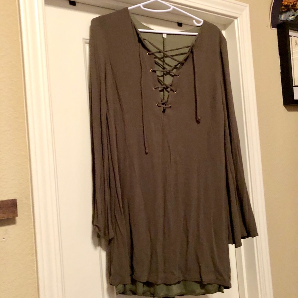 Olive long sleeve dress with tie up front